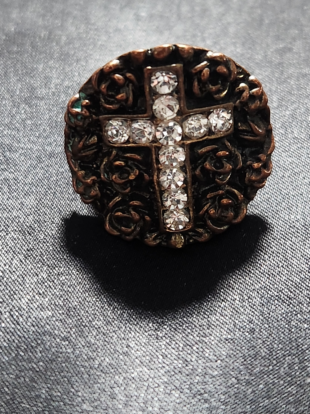 Rhinestone Cross Statement Ring - Antiqued Bronze Finish Adjustable